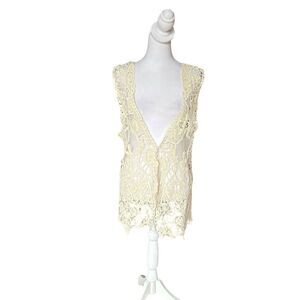 Pretty Angel Vest Sleeveless Crochet Cardigan Cream Lace Womens Med Linen Cotton
